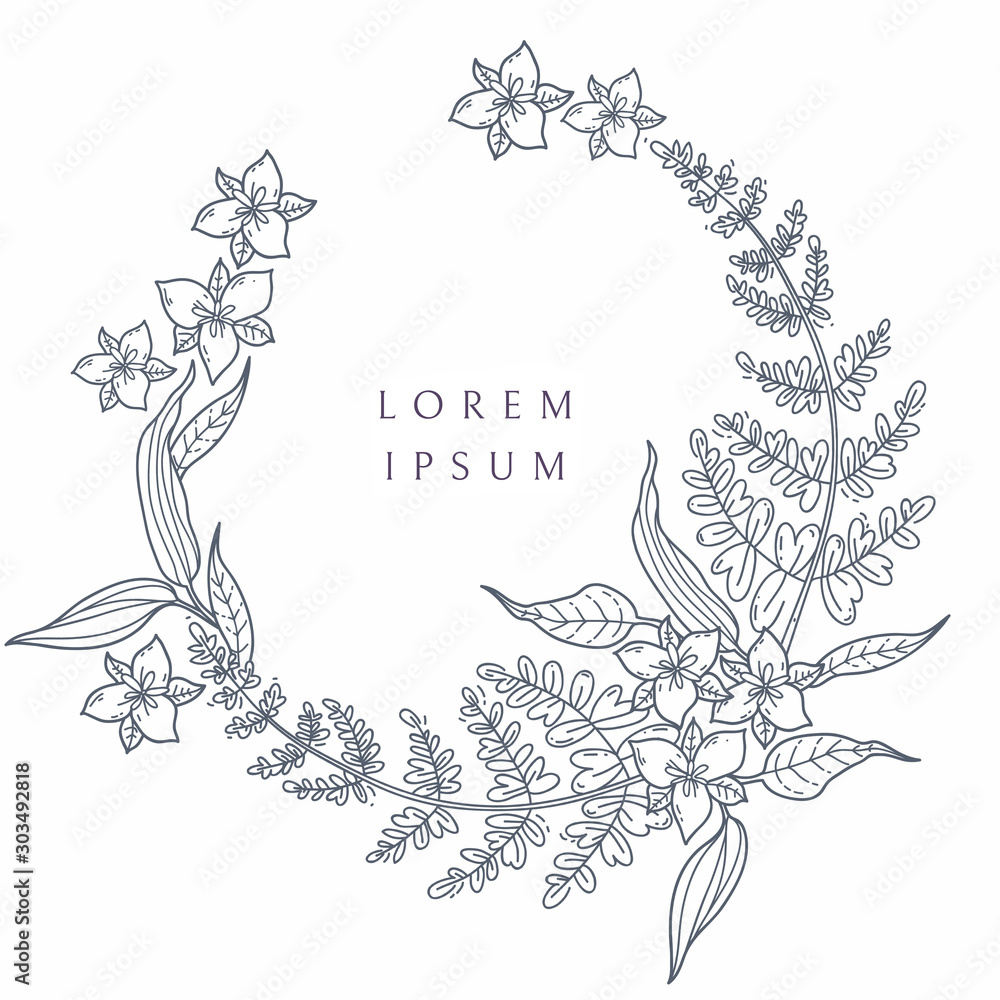 Black and white graphic wreath of floral elements in modern style Black and white graphic wreath of floral elements in modern style