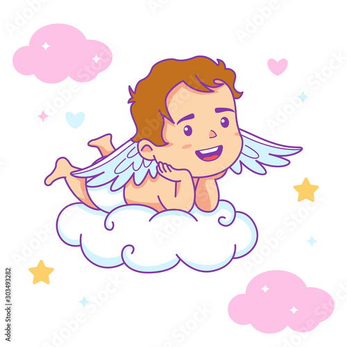 Cute baby boy angel with clouds, vector cartoon illustration