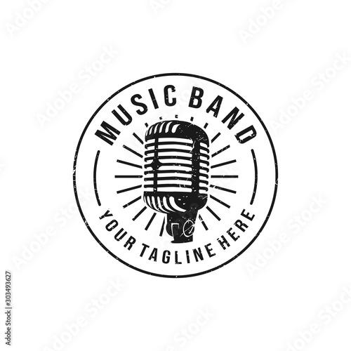 Vintage, classic, grunge logo for music band with microphone object