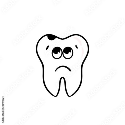  cartoon tooth on white background, caries. Kawaii, doodle 