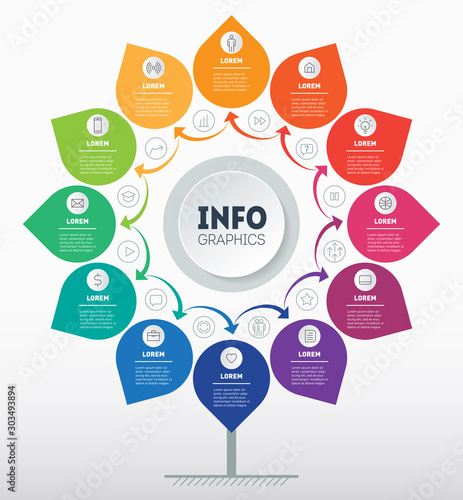 Business presentation concept with 12 options or months. Infographic of technology or education process with twelve steps and 24 icons. Brochure design template. Annual report.