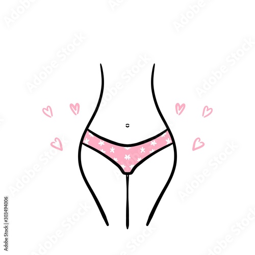Illustration of a slim woman in panties. Body, bikini zone. Icon. Silhouette symbol. Perfect for Spa salon, beauty treatments, sugaring, epilation, defelice. Doodle style. Girl underwear 