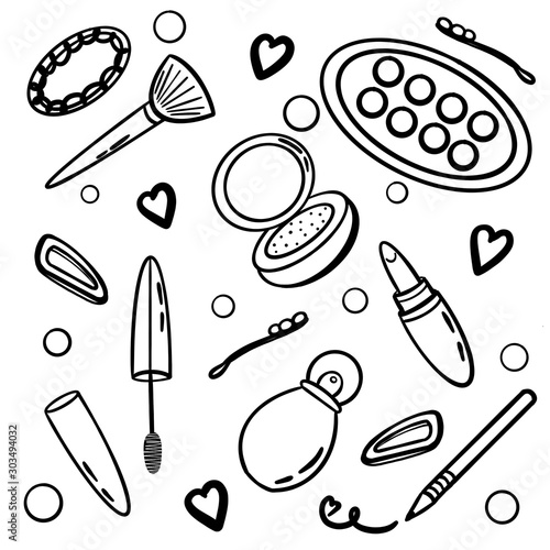 Black and white cosmetics and beauty makeup  set elements . Background. Doodle style. Accessories, eye shadow, mascara, lipstick, brush, powder, perfume.