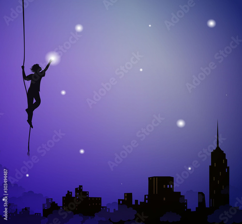 young worker decorating the city sky with stars or lanterns, silhouette, fairy tale above the night city, night perfomances,