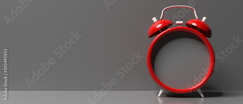Red retro alarm clock empty, blank against gray background, 3d illustration