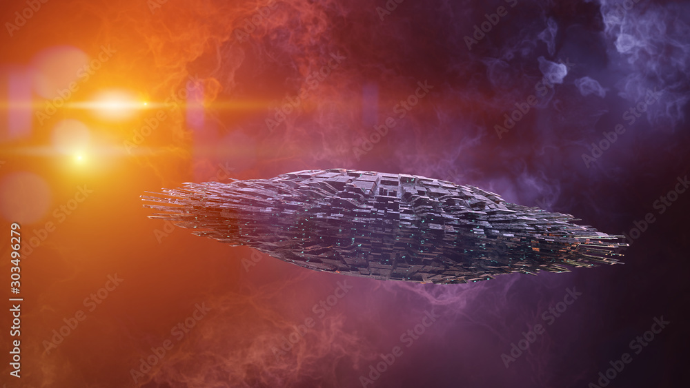 Fototapeta premium UFO, alien spaceship in outer space, flying saucer with stars of the Milky Way galaxy