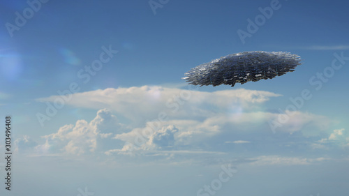 UFO, alien spaceship flying through the clouds 