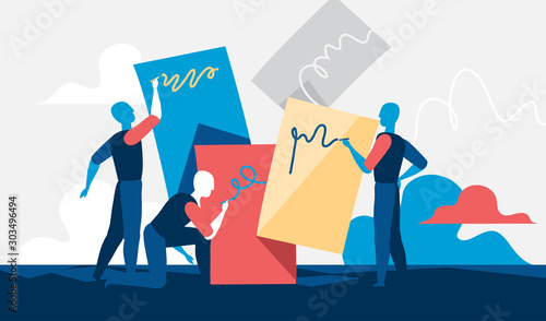 Men writing messages on colorful boards. Vector illustration