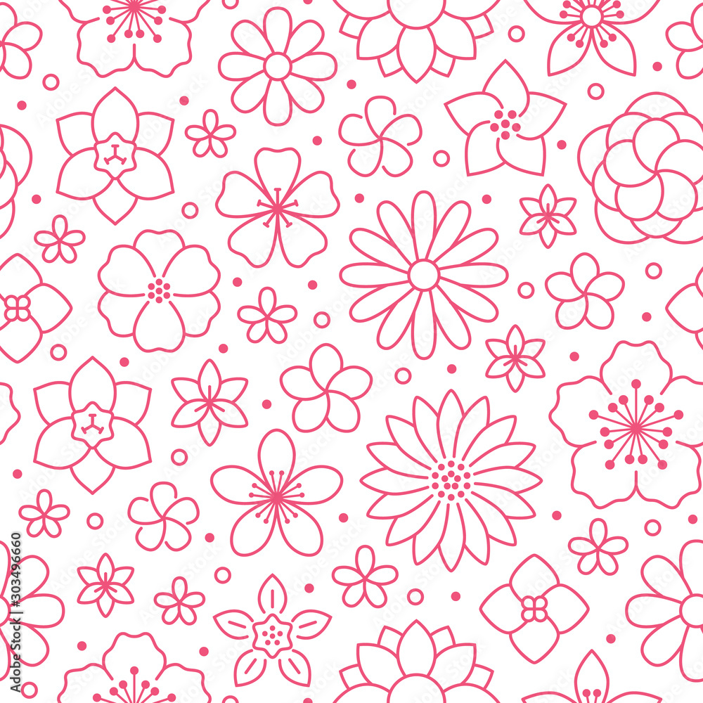 Plakat Floral seamless pattern, flower background. Outline flowers - line chamomile, jasmine, daisy. Pink white color simple summer plants