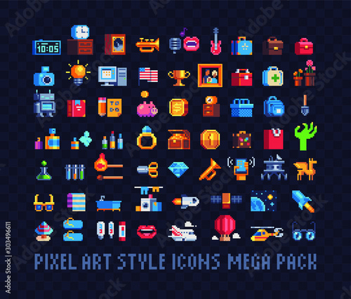 Mega big set of pixel art icons. Tools, music, money, bags, jewel and spaceships, Design for stickers, logo, web and mobile app. Isolated vector illustration. 8-bit sprite.