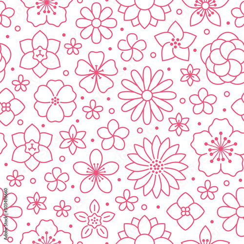 Floral seamless pattern, flower background. Outline flowers - line chamomile,...