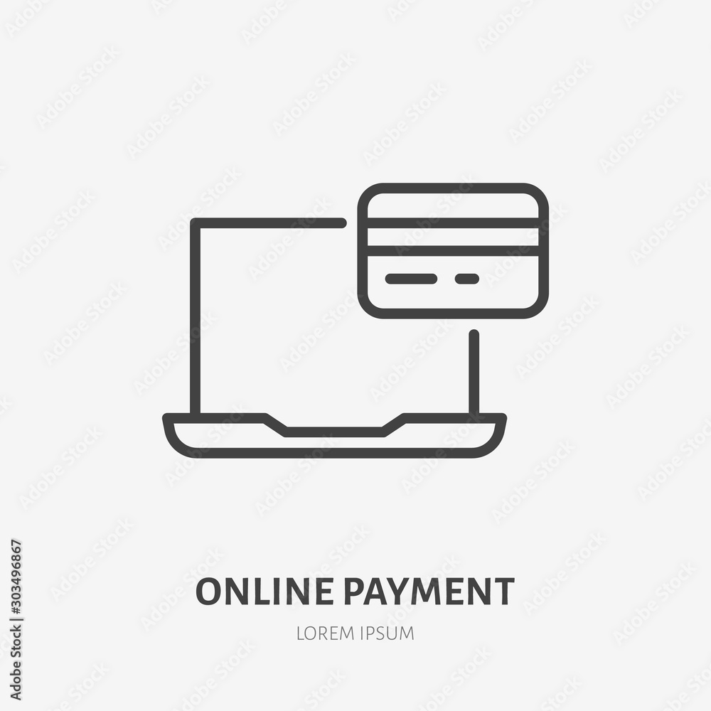 Laptop with credit card flat line icon. Online payment vector illustration. Thin sign of internet shopping, e-commerce pictogram Laptop with credit card flat line icon. Online payment vector illustration. Thin sign of internet shopping, e-commerce pictogram