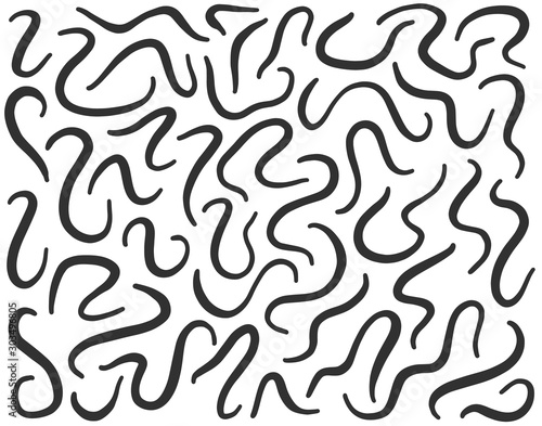 Worm pattern. Silhouette of parasite, soil worms, helminth. Parasitology black white background