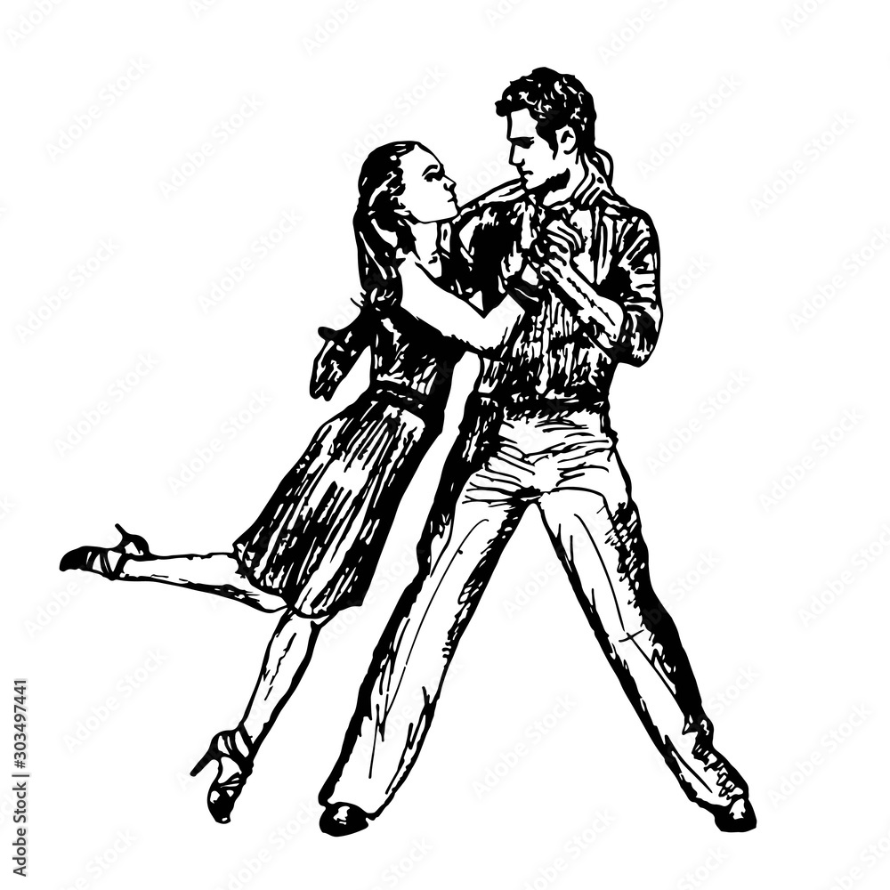 Dancing couple of people. Flat design, black line isolated on white. Vector image.
