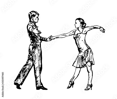Dancing couple of people. Flat design, black line isolated on white. Vector image.