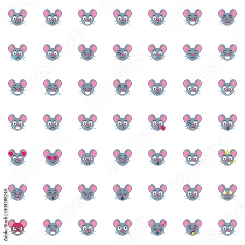 Rat face emoticon elements collection, Chinese 2020 rat year flat icons set, Colorful symbols pack contains - smiling emoji, crying sad emotion, love expression. Vector illustration. Flat style design