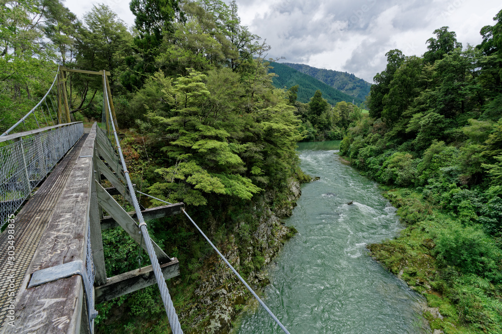 Rai river swing bridge at Pelorus, Marlborough, New Zealand.