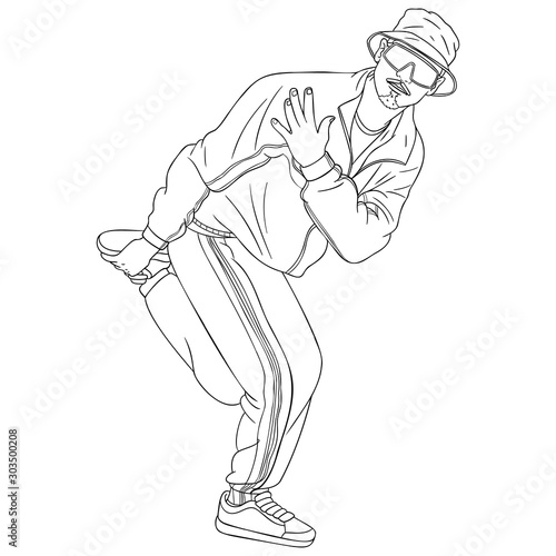 old school hip hop breakdancer, standing on one leg and holding his hand to his shoulder. cap, sunglasses, outline, black, white.