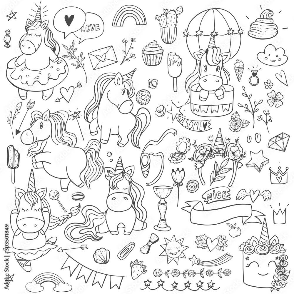 A large set of cute fairy tale unicorns for girls. Pink and blue ponies, hearts, flower, clouds, rainbow, candy, ribbon, balloon, ballerina, cake, cactus. Happy Birthday! sticker set. doodle style A large set of cute fairy tale unicorns for girls. Pink and blue ponies, hearts, flower, clouds, rainbow, candy, ribbon, balloon, ballerina, cake, cactus. Happy Birthday! sticker set. doodle style