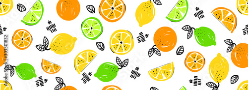Seamless bright light pattern with Fresh citrus for fabric, drawing labels, print on t-shirt, wallpaper of children's room. Slices oflemon, lime, orange, citrus doodle style cheerful background.