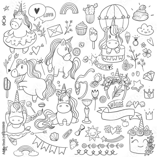 A large set of cute fairy tale unicorns for girls. Pink and blue ponies, hearts, flower, clouds, rainbow, candy, ribbon, balloon, ballerina, cake, cactus. Happy Birthday! sticker set. doodle style