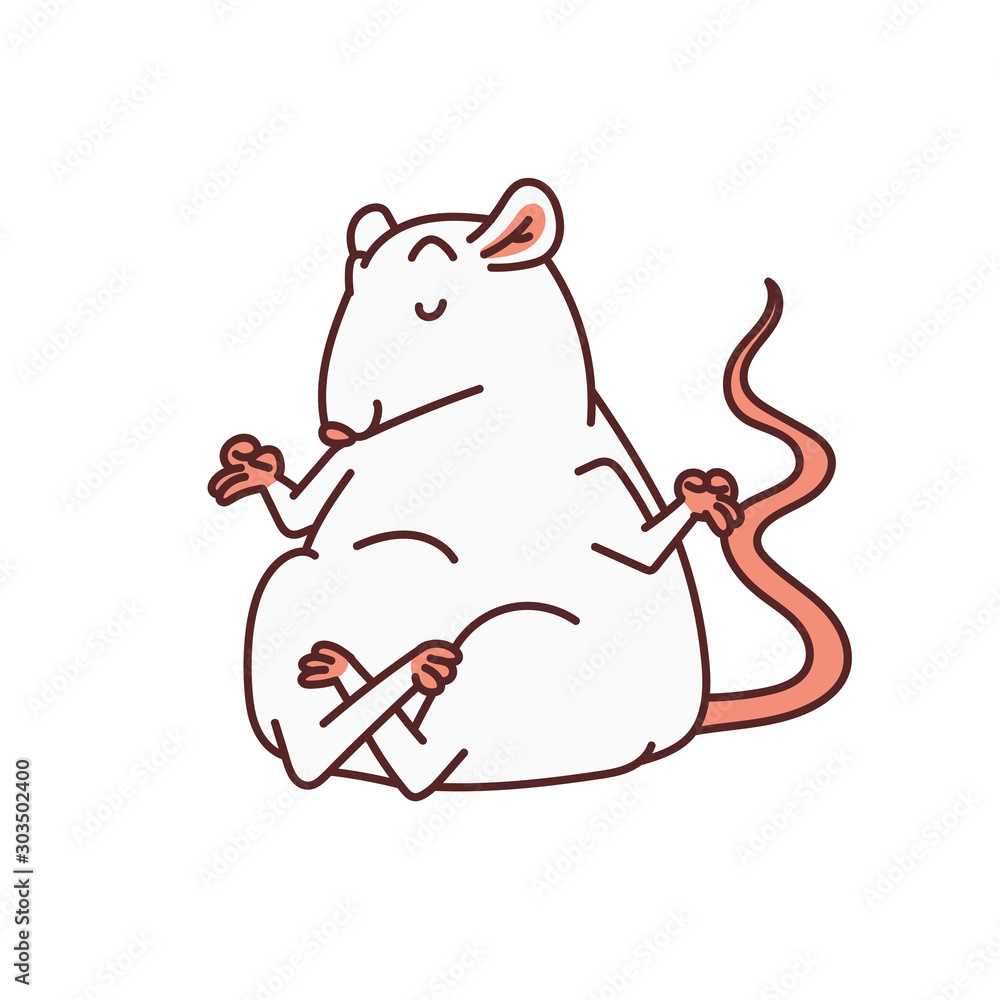Rat white cute mouse meditating in Lotus position. Chinese new year symbol vector outline cartoon isolated illustration. Rat white cute mouse meditating in Lotus position. Chinese new year symbol vector outline cartoon isolated illustration.
