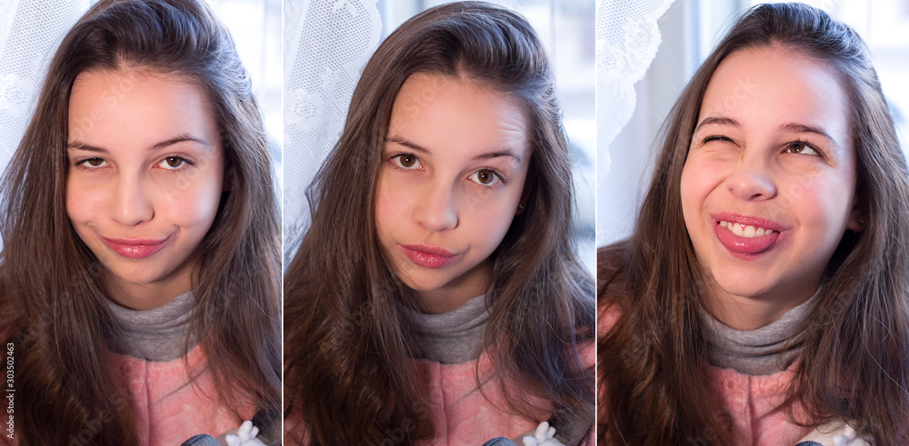 Collage of positive portrait of pretty teen girl make grimace Collage of positive portrait of pretty teen girl make grimace