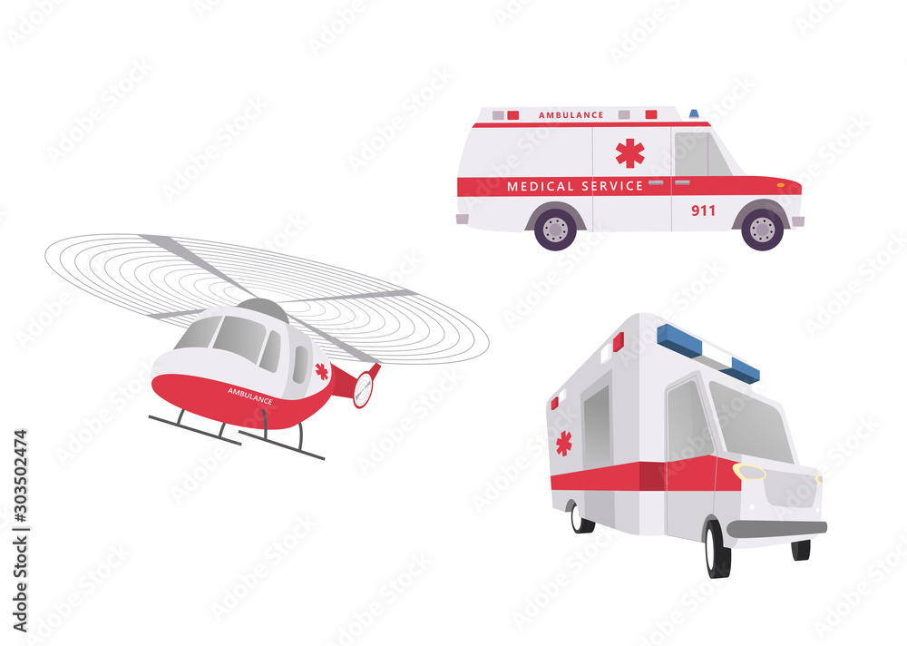Ambulance car. Emergency medical service vehicle. Hospital transport. Flat style vector illustration