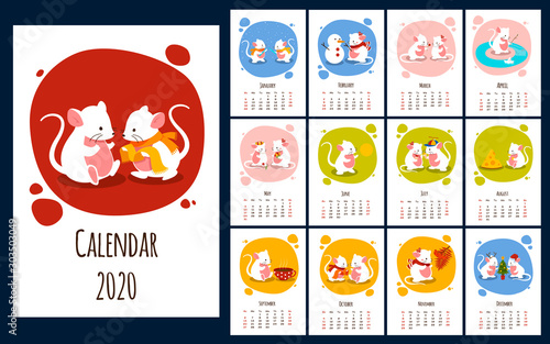 2020 calendar design with cute little cartoon white mice enjoying a variety of different activities throughout the year showing twelve months, vector illustration
