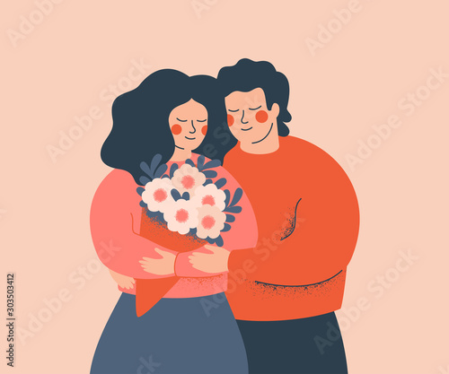 Young couple embrace each other with love and care. Happy woman holds a flower bouquet. Concept of the Valentine day and family day