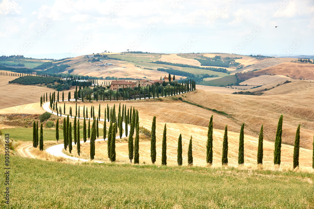 Toscana, Italy. Beautiful summer landscape in Tuscany/Toscana, Italy. Cloudy day, yellow dry grass. Lines landscape