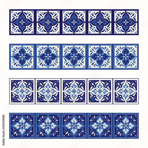 Tile border pattern vector seamless. Blue and white ceramic ornament texture. Portuguese azulejos, sicily italian majolica, mexican talavera, spanish, moroccan arabesque motifs.