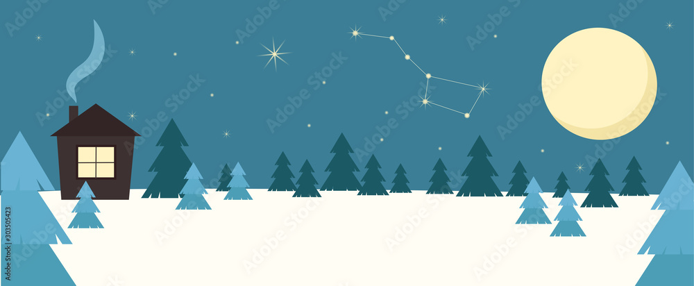 Fototapeta premium Winter landscape with a house and Christmas trees on the background of the moon, the Constellation of the polar bear and the starry sky. Vector graphics.