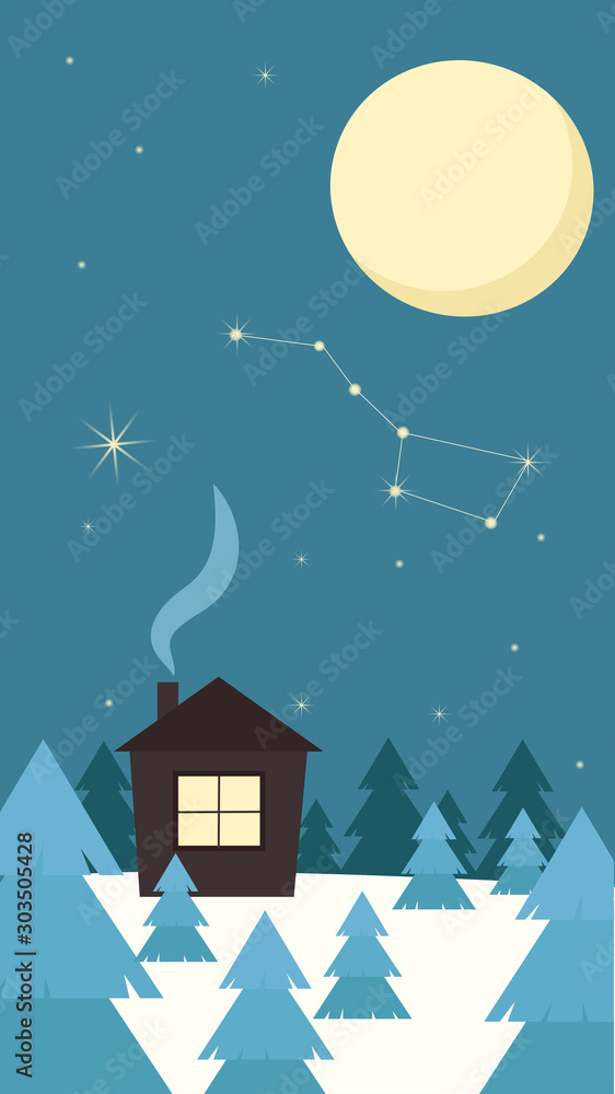 Naklejka premium Winter landscape with a house and Christmas trees on the background of the moon, the Constellation of the polar bear and the starry sky. Vector graphics.
