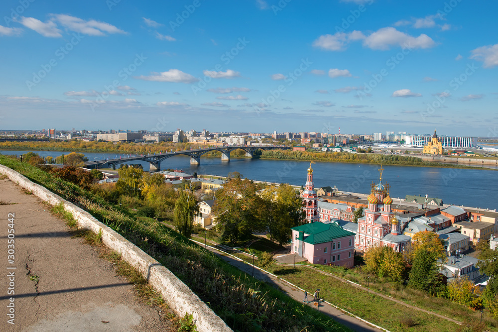 NIZHNY NOVGOROD, RUSSIA - SEPTEMBER 28, 2019: View of the city, the observation deck and a place for romantic walks in the historic territory of Old Nizhny Novgorod in the  sunny autumn day