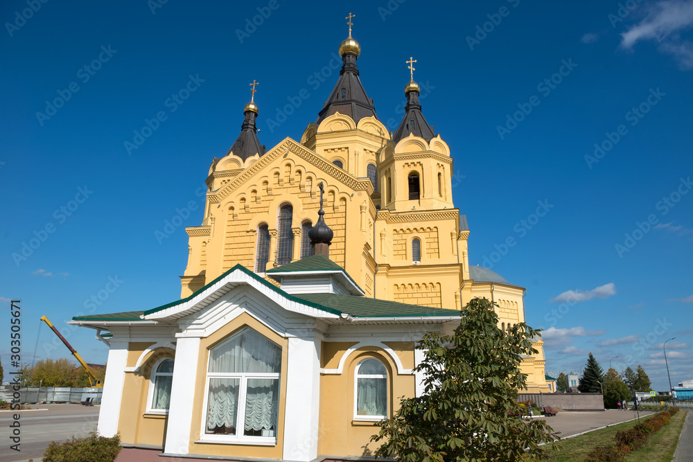NIZHNY NOVGOROD, RUSSIA - SEPTEMBER 28, 2019: View of the Cathedral of the Holy Blessed Prince Alexander Nevsky, in the autumn morning
