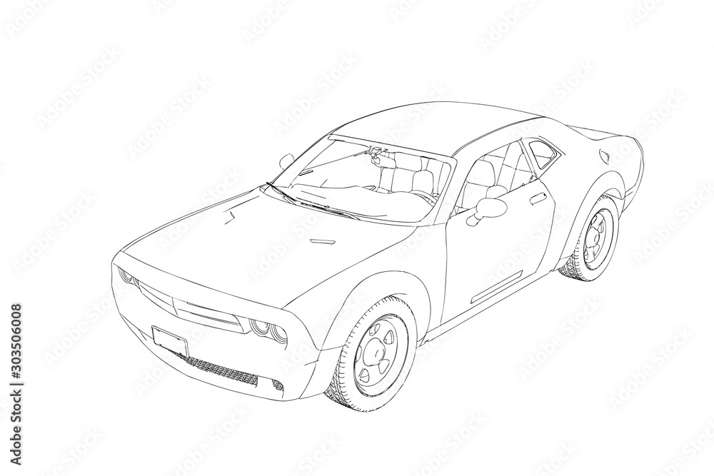 Sedan car. 3d Vector outline illustration.