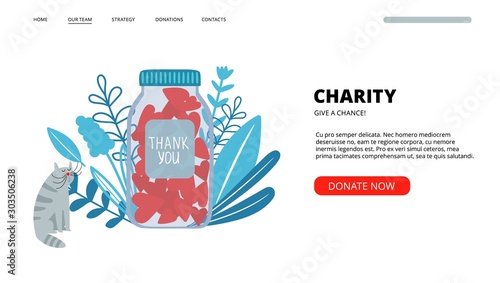 Charity landing page. Donate online web banner template. Vector hearts in jar and cute cat illustration. Donations concept