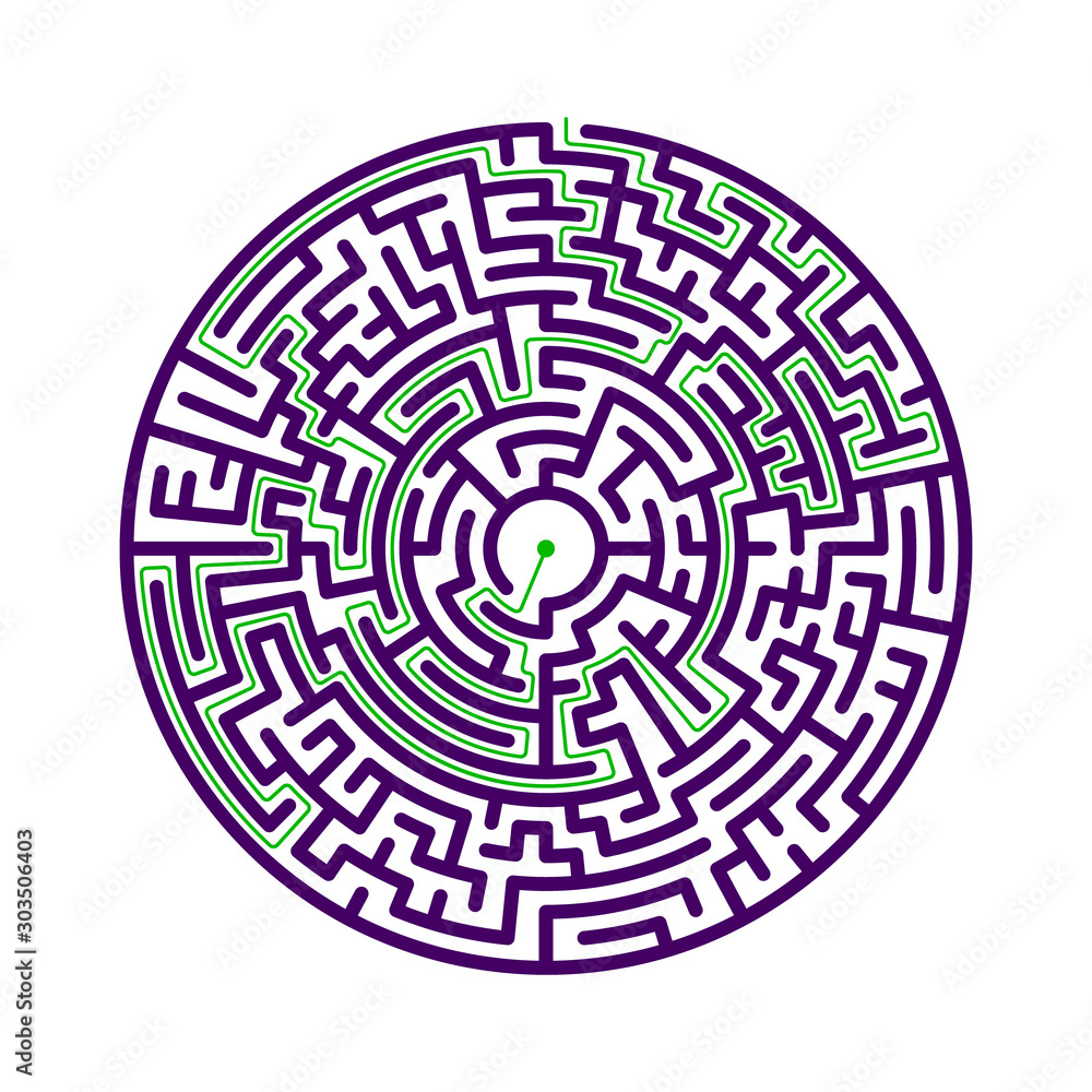 Round labyrinth with solution. Vector illustration. Round labyrinth with solution. Vector illustration.