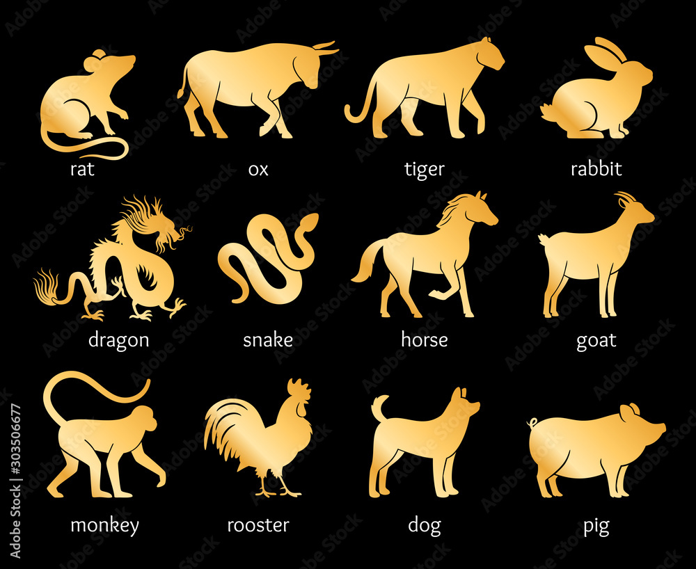 Vetor do Stock Gold named chinese horoscope. Pig and dog, rooster and