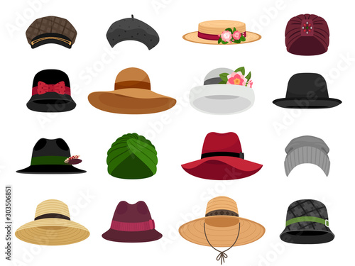 Female hats and caps. Woman vacation cap and hat vector illustrations, bonnet and panama, traditional lady head wearing types, fashion beret and napper accessories