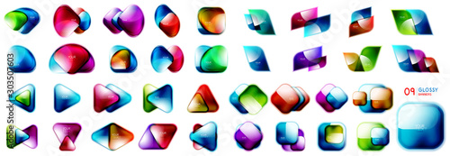Mega collection of multicolored glossy icons: geometric shapes, fluid flowing forms, background and banners templates, glass transparent buttons