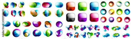 Mega collection of multicolored glossy icons: geometric shapes, fluid flowing forms, background and banners templates, glass transparent buttons