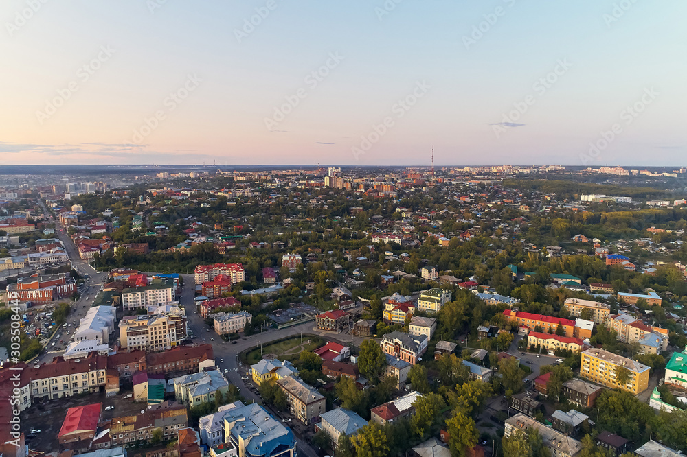 Aerial view of Tomsk city, Russia. Summer, evening, sunset