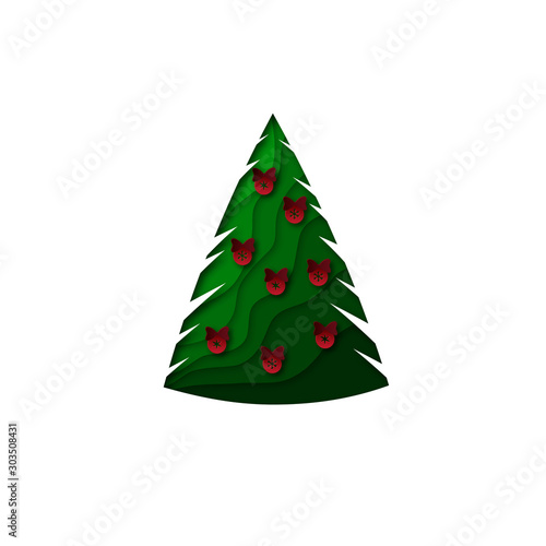 Xmas tree with red balls. New Year poster, banner, postcard, invitation. Background in paper cut style. Vector.