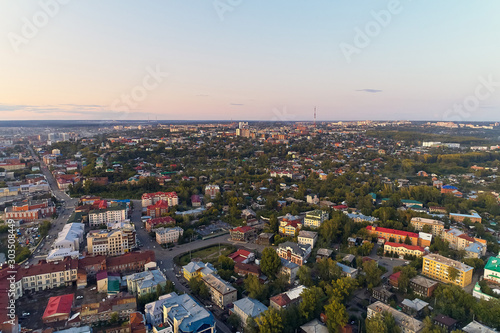 Aerial view of Tomsk city, Russia. Summer, evening, sunset © flyural66