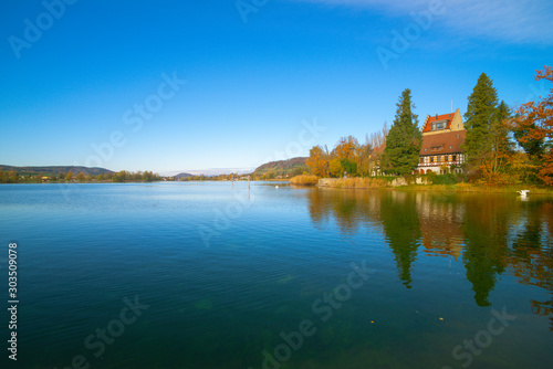 On Lake Constance in autumn. Near the castle Oberstaad. whose tower is about 800 years old. On the horizon begins at the Swiss town of Stein am Rhein, the Rhine River its way out of Lake Constance.