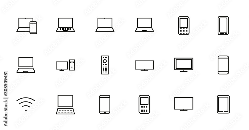  set of smart devices and gadgets, computer hardware and electronics. Electronic device icons for web and mobile vector lines. Editable stroke. 48x48 pixels