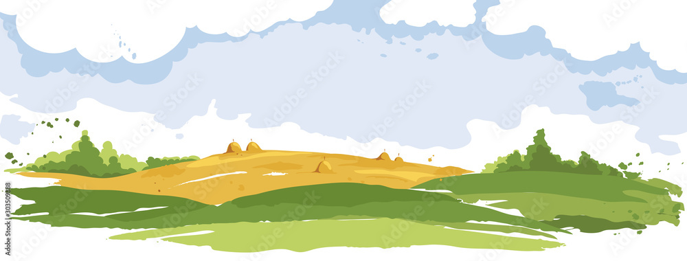 Fototapeta Streszczenie wiejski krajobraz. Akwarela ilustracja, pola pszenicy i łąki