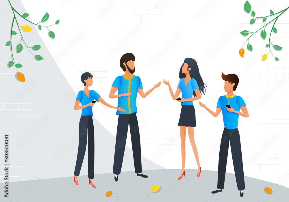 Obraz premium Business people talking communication, cartoon characters, dialogue or conversations between colleagues, discussion of news. Flat vector illustration